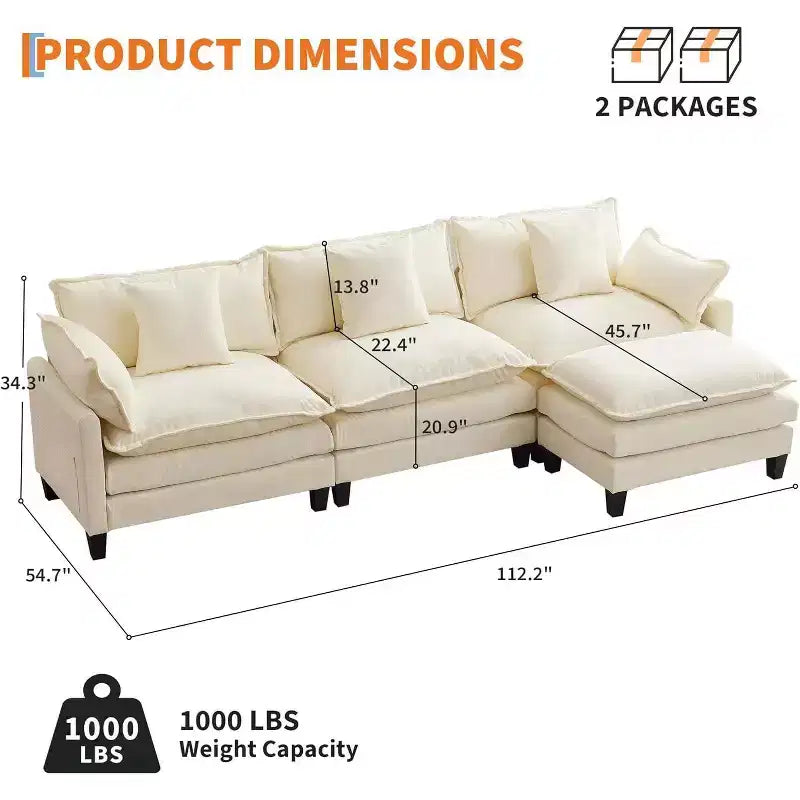 Divano moderno a L da 112 pollici, modulare, a combinazione "nuvola", con pouf, set componibile a 3 posti in ciniglia con 1 poggiapiedi per la casa