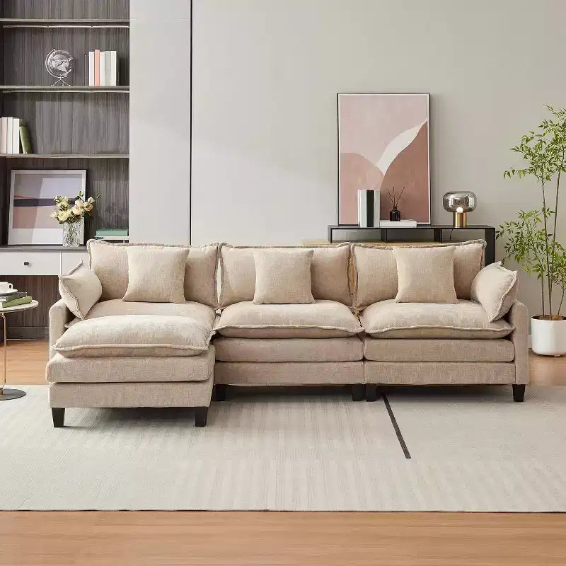 Divano moderno a L da 112 pollici, modulare, a combinazione "nuvola", con pouf, set componibile a 3 posti in ciniglia con 1 poggiapiedi per la casa