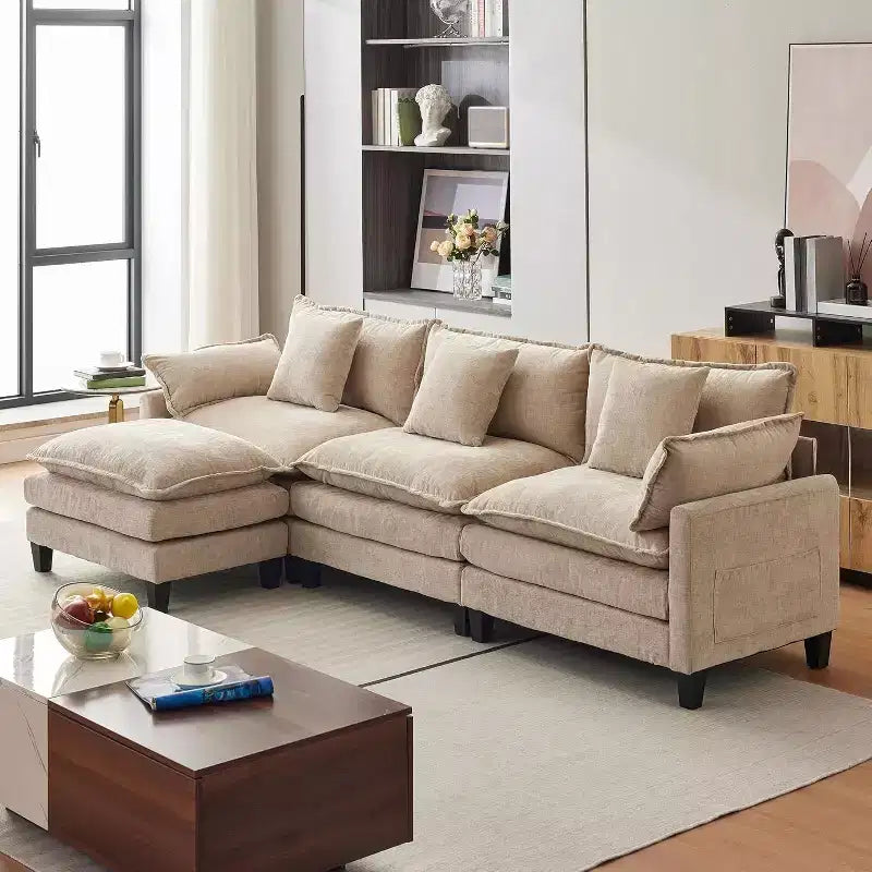 Divano moderno a L da 112 pollici, modulare, a combinazione "nuvola", con pouf, set componibile a 3 posti in ciniglia con 1 poggiapiedi per la casa