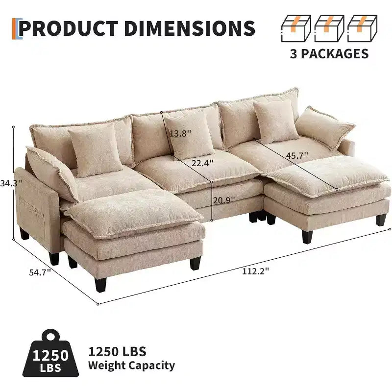 Divano moderno a L da 112 pollici, modulare, a combinazione "nuvola", con pouf, set componibile a 3 posti in ciniglia con 1 poggiapiedi per la casa
