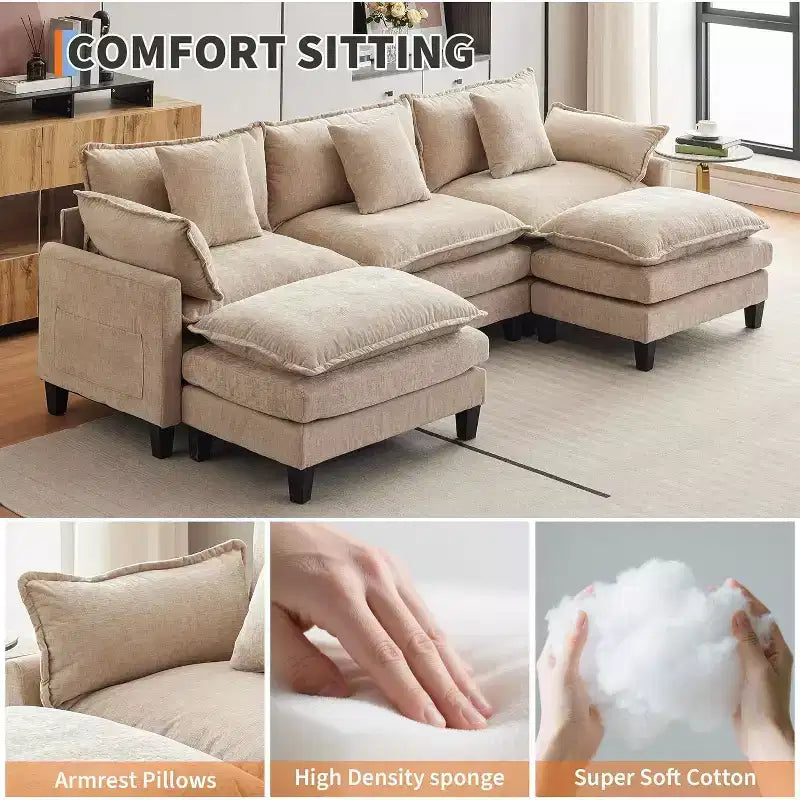 Divano moderno a L da 112 pollici, modulare, a combinazione "nuvola", con pouf, set componibile a 3 posti in ciniglia con 1 poggiapiedi per la casa