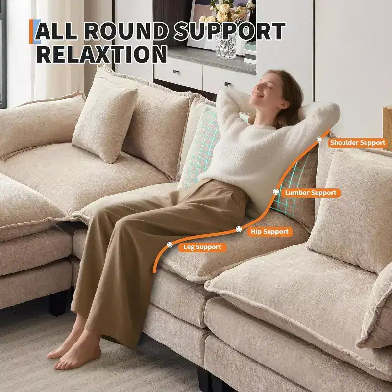 Divano moderno a L da 112 pollici, modulare, a combinazione "nuvola", con pouf, set componibile a 3 posti in ciniglia con 1 poggiapiedi per la casa
