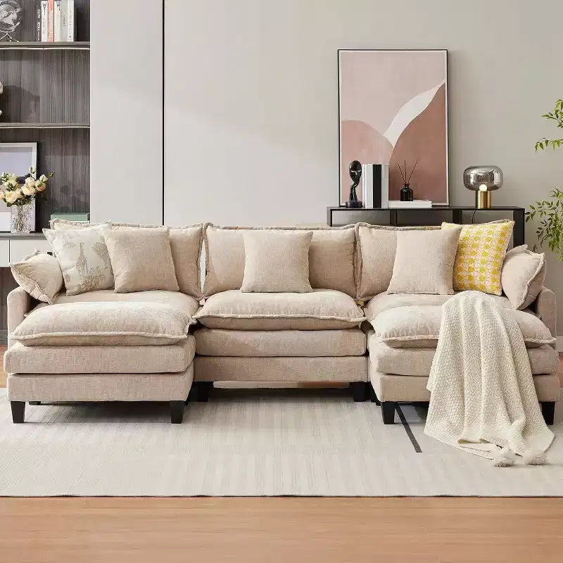 Divano moderno a L da 112 pollici, modulare, a combinazione "nuvola", con pouf, set componibile a 3 posti in ciniglia con 1 poggiapiedi per la casa