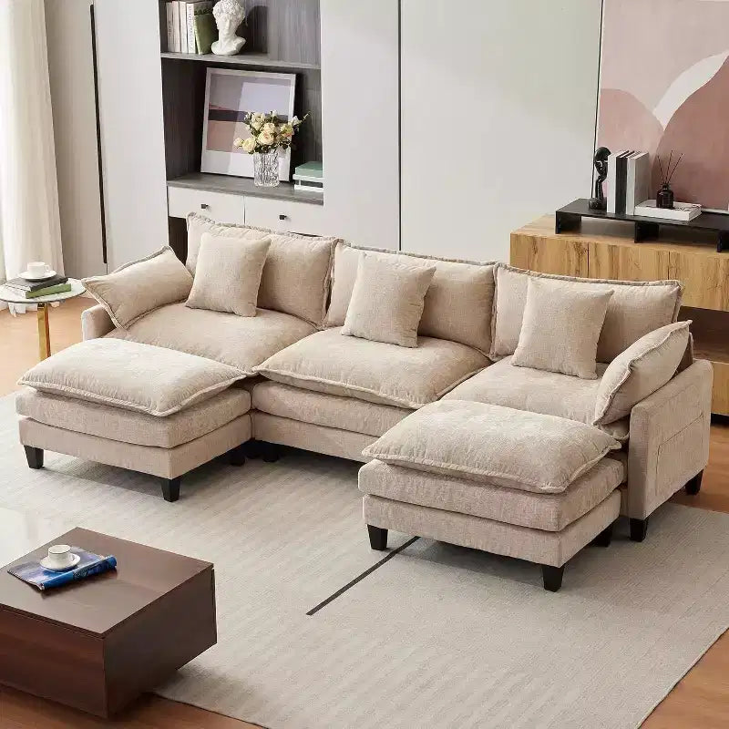 Divano moderno a L da 112 pollici, modulare, a combinazione "nuvola", con pouf, set componibile a 3 posti in ciniglia con 1 poggiapiedi per la casa