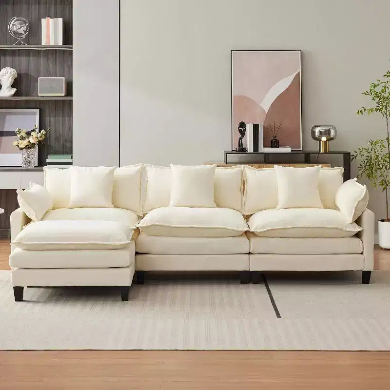 Divano moderno a L da 112 pollici, modulare, a combinazione "nuvola", con pouf, set componibile a 3 posti in ciniglia con 1 poggiapiedi per la casa