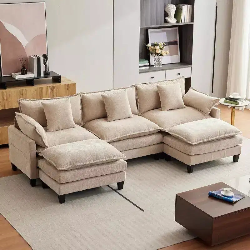 Divano moderno a L da 112 pollici, modulare, a combinazione "nuvola", con pouf, set componibile a 3 posti in ciniglia con 1 poggiapiedi per la casa