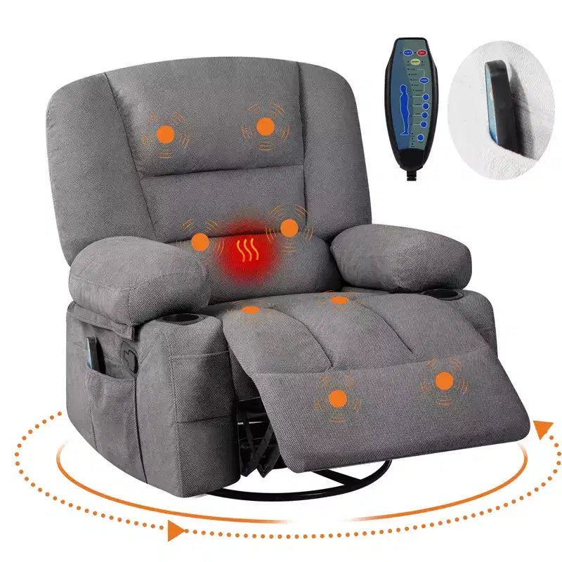 Poltrone Reclinabili Girevoli a 360° con Massaggio Vibrante e Riscaldamento, Poltrona Reclinabile Imbottita con Braccioli Contenitore