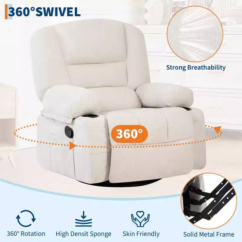 Poltrone Reclinabili Girevoli a 360° con Massaggio Vibrante e Riscaldamento, Poltrona Reclinabile Imbottita con Braccioli Contenitore