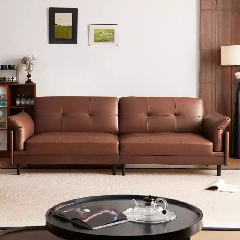 ATJafurn Divano moderno di metà secolo in pelle marrone da 90 pollici, divano componibile di lusso vintage in pelle con esterno in legno massello e trapuntato a mano per soggiorno