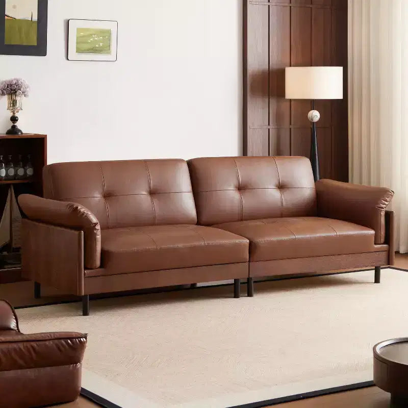ATJafurn Divano moderno di metà secolo in pelle marrone da 90 pollici, divano componibile di lusso vintage in pelle con esterno in legno massello e trapuntato a mano per soggiorno