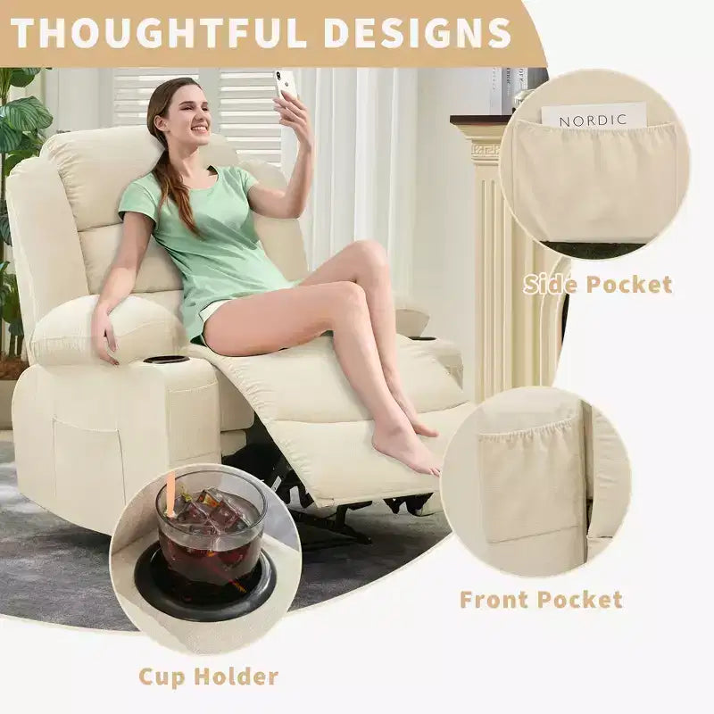 Poltrona Reclinabile Rocker Oversize, Poltrona Reclinabile Manuale Oversize Moderna con Braccioli, Schienale, 2 Portabicchieri, Tasca Laterale, Poltrona per Soggiorno