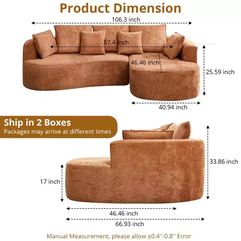 GustoWave 106 Divano Angolare Moderno Curvo Cloud con Chaise Longue, Divano Letto Modulare in Tessuto Ciniglia, Nessun Montaggio Richiesto