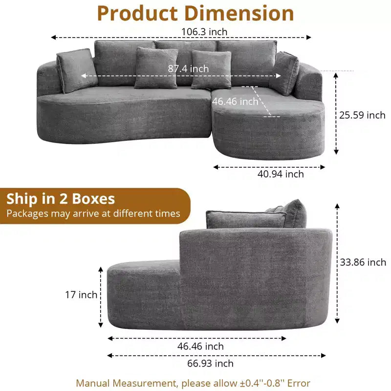 GustoWave 106 Divano Angolare Moderno Curvo Cloud con Chaise Longue, Divano Letto Modulare in Tessuto Ciniglia, Nessun Montaggio Richiesto