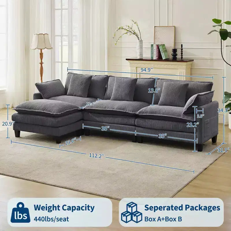 GustoWave 146 Divano componibile a U a 4 posti in tessuto, divano componibile oversize Cloud con pouf e cuscini decorativi, seduta profonda