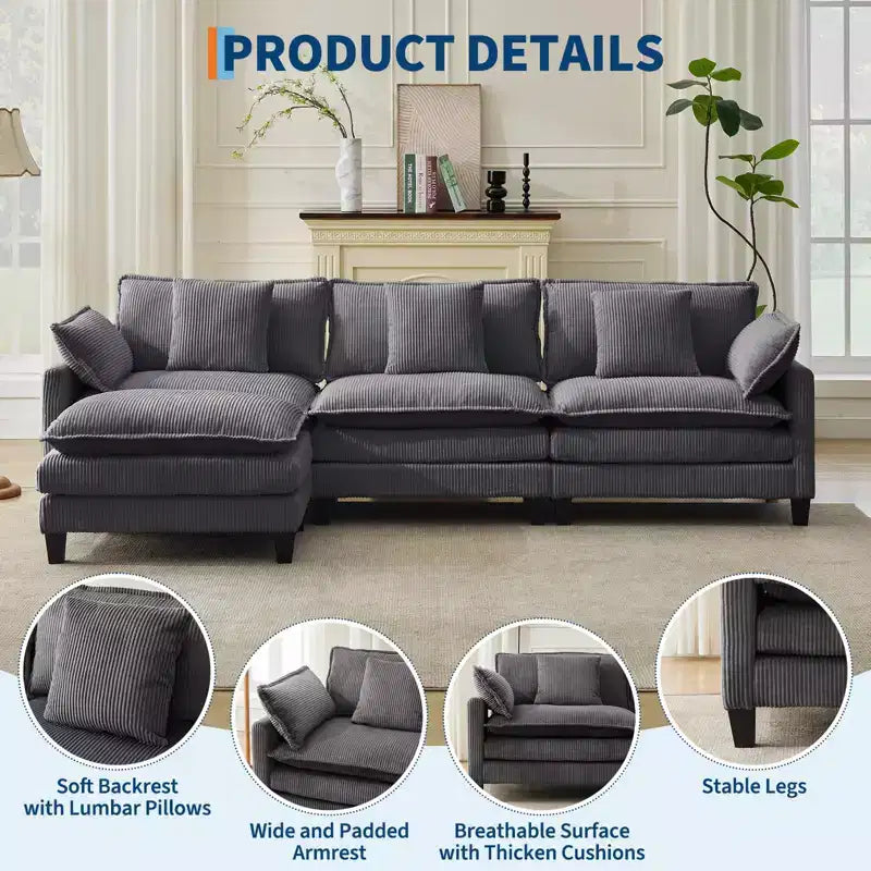 GustoWave 146 Divano componibile a U a 4 posti in tessuto, divano componibile oversize Cloud con pouf e cuscini decorativi, seduta profonda