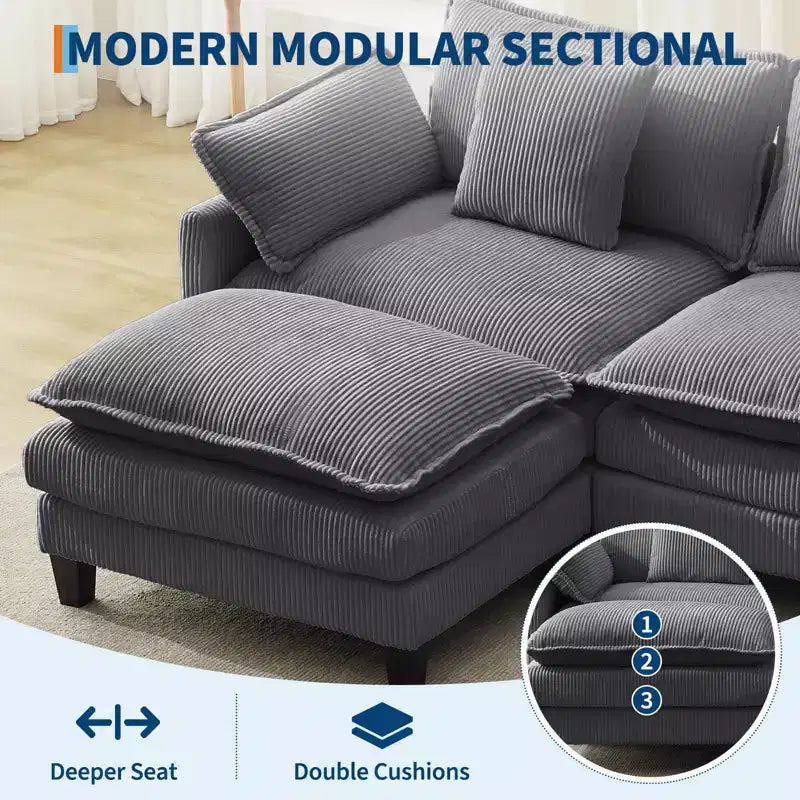 GustoWave 146 Divano componibile a U a 4 posti in tessuto, divano componibile oversize Cloud con pouf e cuscini decorativi, seduta profonda