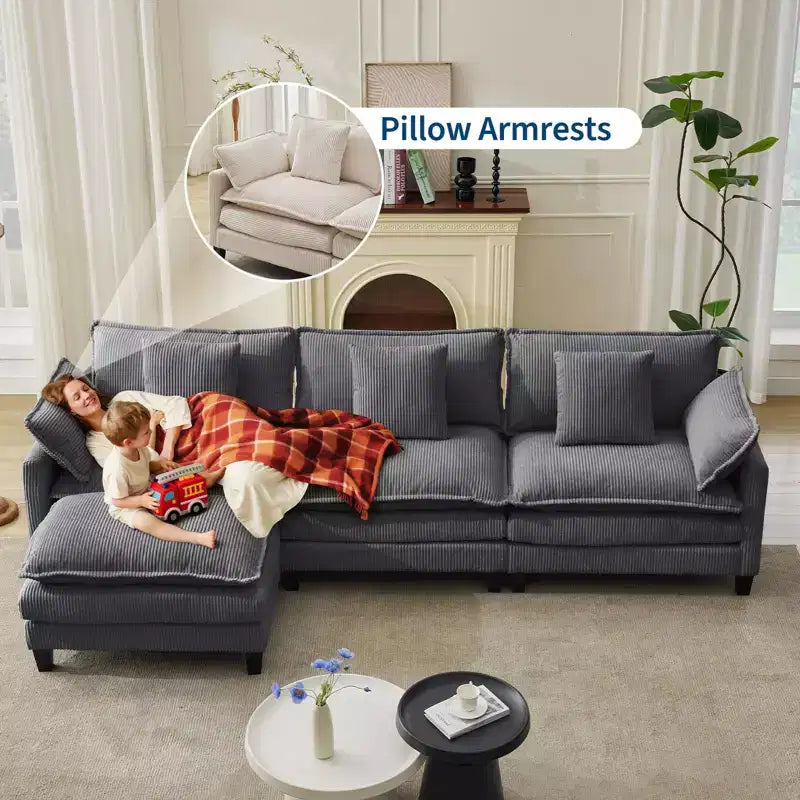 GustoWave 146 Divano componibile a U a 4 posti in tessuto, divano componibile oversize Cloud con pouf e cuscini decorativi, seduta profonda