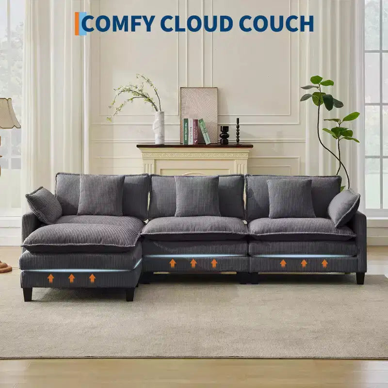 GustoWave 146 Divano componibile a U a 4 posti in tessuto, divano componibile oversize Cloud con pouf e cuscini decorativi, seduta profonda