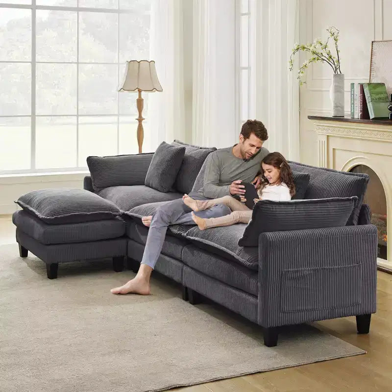 GustoWave 146 Divano componibile a U a 4 posti in tessuto, divano componibile oversize Cloud con pouf e cuscini decorativi, seduta profonda