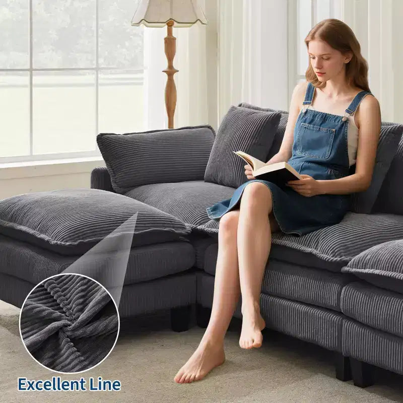 GustoWave 146 Divano componibile a U a 4 posti in tessuto, divano componibile oversize Cloud con pouf e cuscini decorativi, seduta profonda