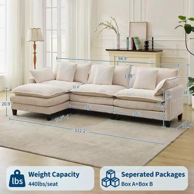 GustoWave 146 Divano componibile a U a 4 posti in tessuto, divano componibile oversize Cloud con pouf e cuscini decorativi, seduta profonda