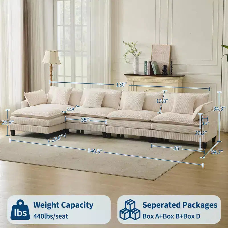 GustoWave 146 Divano componibile a U a 4 posti in tessuto, divano componibile oversize Cloud con pouf e cuscini decorativi, seduta profonda
