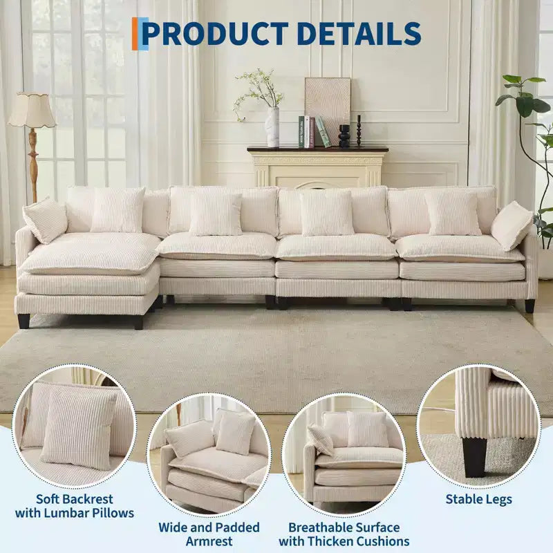 GustoWave 146 Divano componibile a U a 4 posti in tessuto, divano componibile oversize Cloud con pouf e cuscini decorativi, seduta profonda