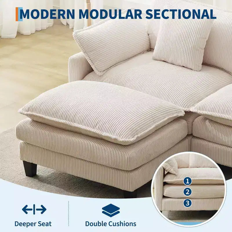 GustoWave 146 Divano componibile a U a 4 posti in tessuto, divano componibile oversize Cloud con pouf e cuscini decorativi, seduta profonda