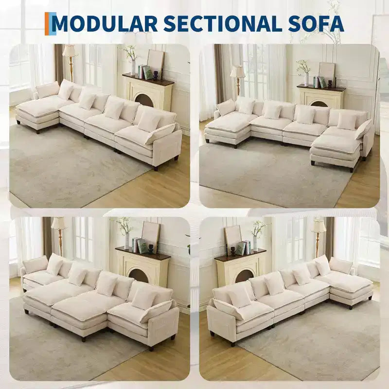 GustoWave 146 Divano componibile a U a 4 posti in tessuto, divano componibile oversize Cloud con pouf e cuscini decorativi, seduta profonda