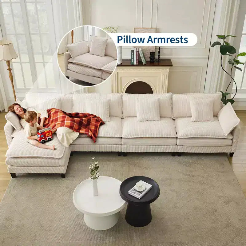 GustoWave 146 Divano componibile a U a 4 posti in tessuto, divano componibile oversize Cloud con pouf e cuscini decorativi, seduta profonda
