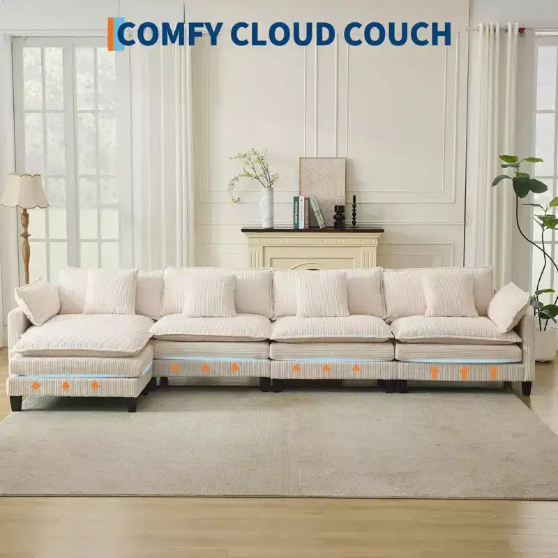 GustoWave 146 Divano componibile a U a 4 posti in tessuto, divano componibile oversize Cloud con pouf e cuscini decorativi, seduta profonda