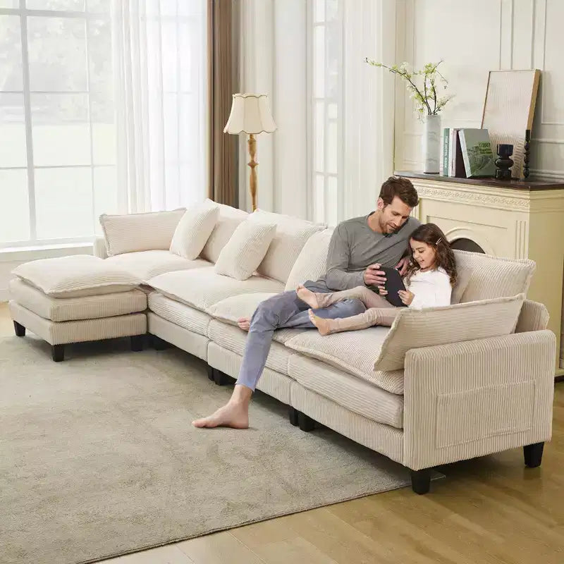 GustoWave 146 Divano componibile a U a 4 posti in tessuto, divano componibile oversize Cloud con pouf e cuscini decorativi, seduta profonda