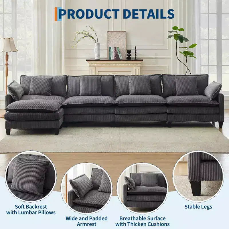 GustoWave 146 Divano componibile a U a 4 posti in tessuto, divano componibile oversize Cloud con pouf e cuscini decorativi, seduta profonda