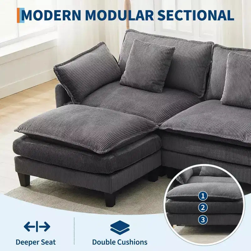 GustoWave 146 Divano componibile a U a 4 posti in tessuto, divano componibile oversize Cloud con pouf e cuscini decorativi, seduta profonda