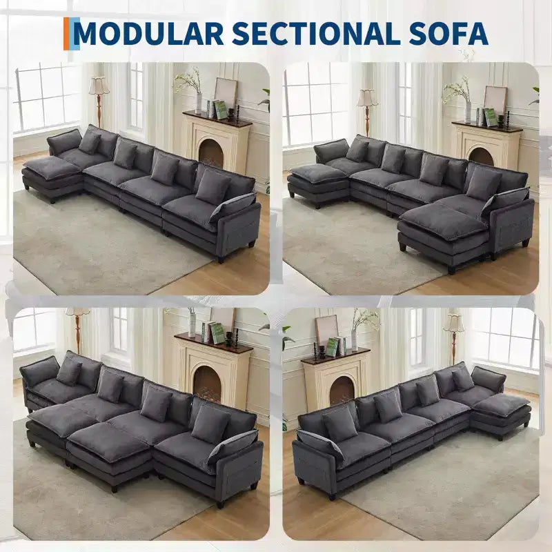 GustoWave 146 Divano componibile a U a 4 posti in tessuto, divano componibile oversize Cloud con pouf e cuscini decorativi, seduta profonda