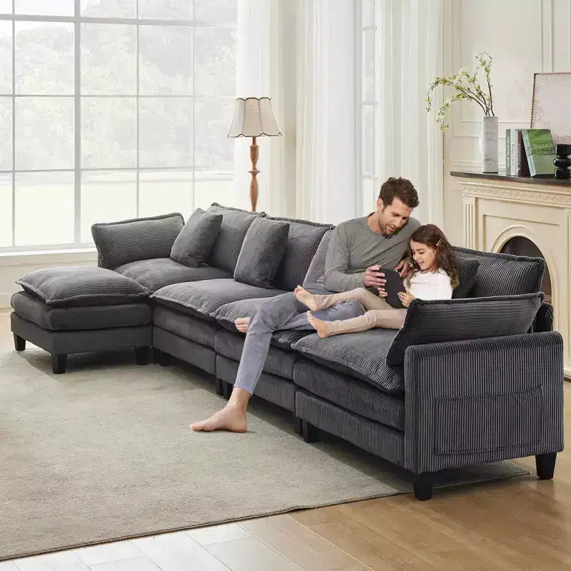 GustoWave 146 Divano componibile a U a 4 posti in tessuto, divano componibile oversize Cloud con pouf e cuscini decorativi, seduta profonda