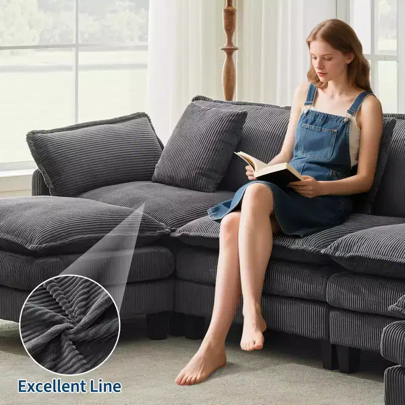 GustoWave 146 Divano componibile a U a 4 posti in tessuto, divano componibile oversize Cloud con pouf e cuscini decorativi, seduta profonda