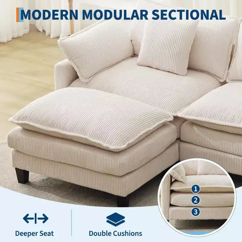 GustoWave 146 Divano componibile a U a 4 posti in tessuto, divano componibile oversize Cloud con pouf e cuscini decorativi, seduta profonda