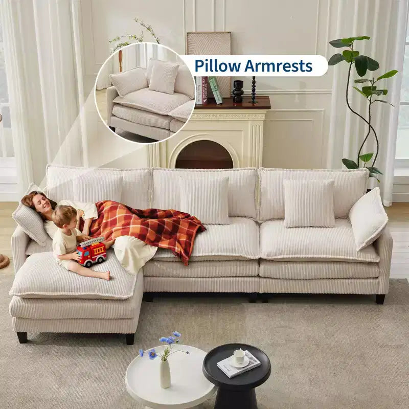 GustoWave 146 Divano componibile a U a 4 posti in tessuto, divano componibile oversize Cloud con pouf e cuscini decorativi, seduta profonda