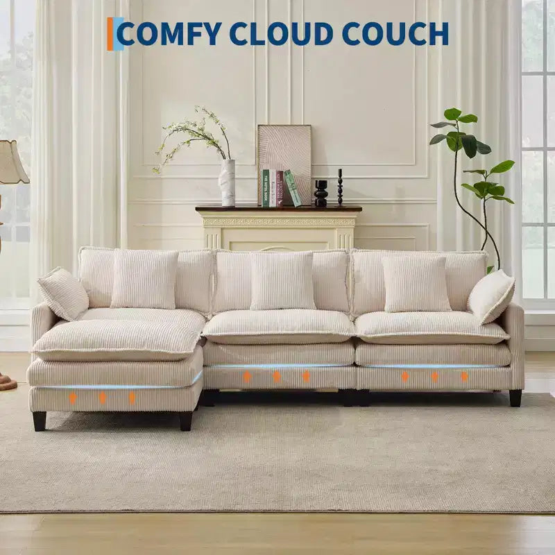 GustoWave 146 Divano componibile a U a 4 posti in tessuto, divano componibile oversize Cloud con pouf e cuscini decorativi, seduta profonda