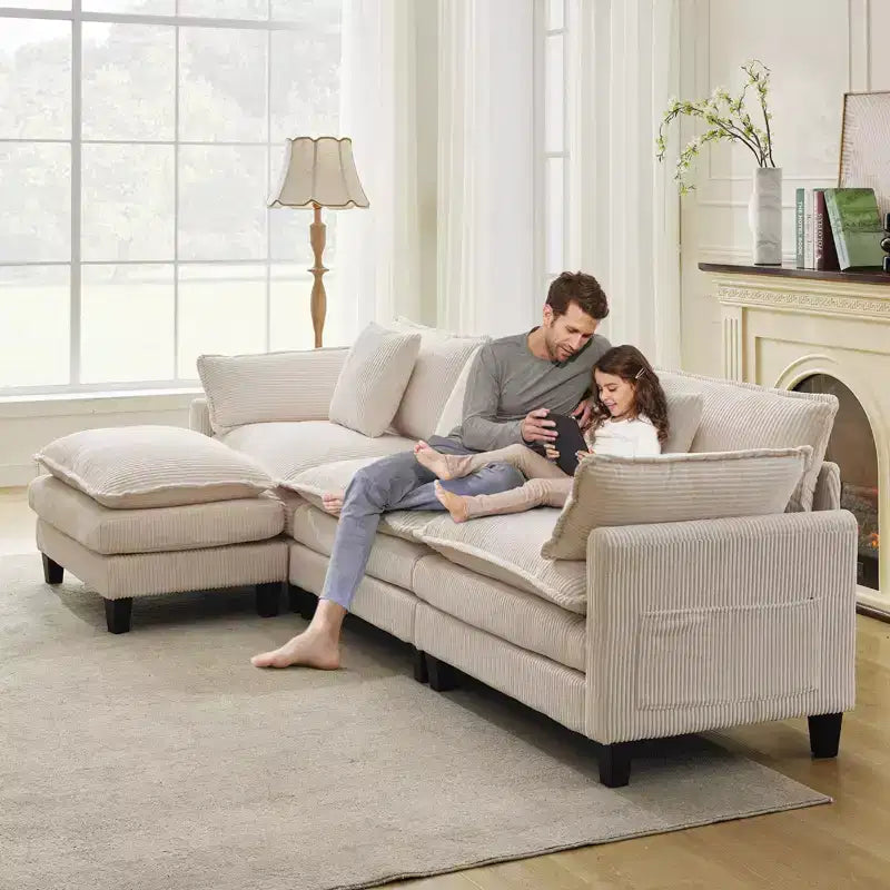 GustoWave 146 Divano componibile a U a 4 posti in tessuto, divano componibile oversize Cloud con pouf e cuscini decorativi, seduta profonda