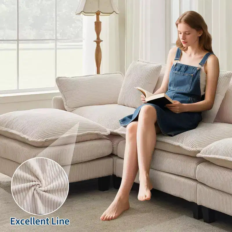 GustoWave 146 Divano componibile a U a 4 posti in tessuto, divano componibile oversize Cloud con pouf e cuscini decorativi, seduta profonda