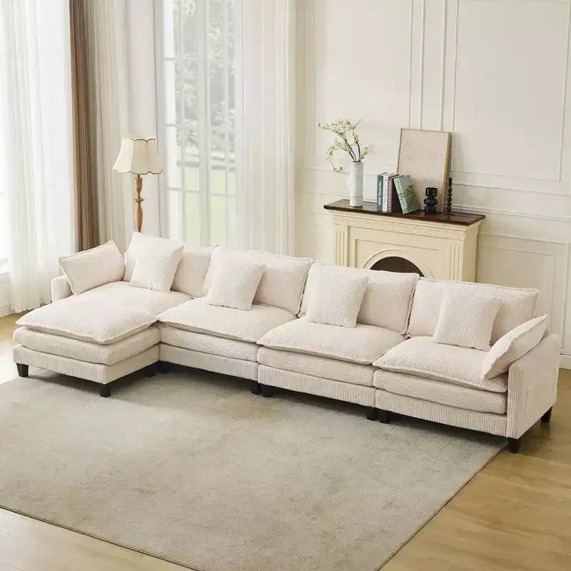 GustoWave 146 Divano componibile a U a 4 posti in tessuto, divano componibile oversize Cloud con pouf e cuscini decorativi, seduta profonda
