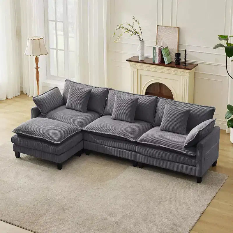 GustoWave 146 Divano componibile a U a 4 posti in tessuto, divano componibile oversize Cloud con pouf e cuscini decorativi, seduta profonda
