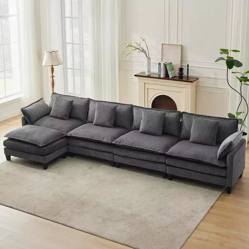 GustoWave 146 Divano componibile a U a 4 posti in tessuto, divano componibile oversize Cloud con pouf e cuscini decorativi, seduta profonda