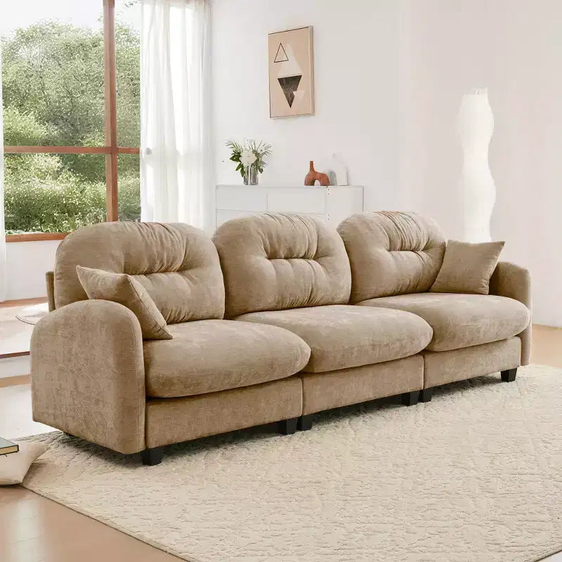 Divano componibile Cloud a 3 posti in ciniglia, in schiuma ad alta densità con bottoni, braccioli ergonomici, base in legno massello per camera da letto/salotto