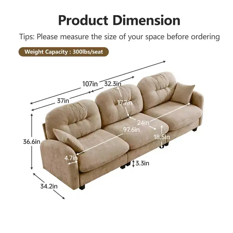 Divano componibile Cloud a 3 posti in ciniglia, in schiuma ad alta densità con bottoni, braccioli ergonomici, base in legno massello per camera da letto/salotto