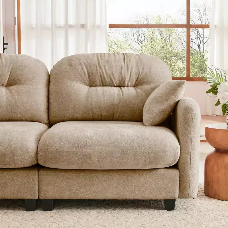 Divano componibile Cloud a 3 posti in ciniglia, in schiuma ad alta densità con bottoni, braccioli ergonomici, base in legno massello per camera da letto/salotto