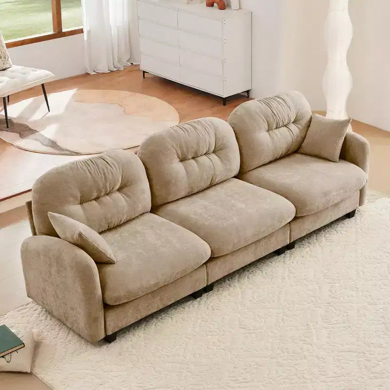 Divano componibile Cloud a 3 posti in ciniglia, in schiuma ad alta densità con bottoni, braccioli ergonomici, base in legno massello per camera da letto/salotto