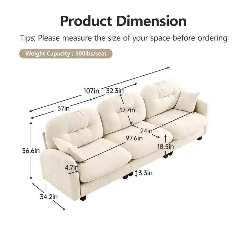 Divano componibile Cloud a 3 posti in ciniglia, in schiuma ad alta densità con bottoni, braccioli ergonomici, base in legno massello per camera da letto/salotto